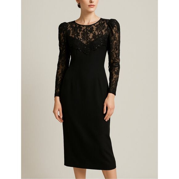 Vintage 1980s Celine Paris Black Silk Lace Sequin Evening Cocktail Dress FR 42 - Picture 1 of 9